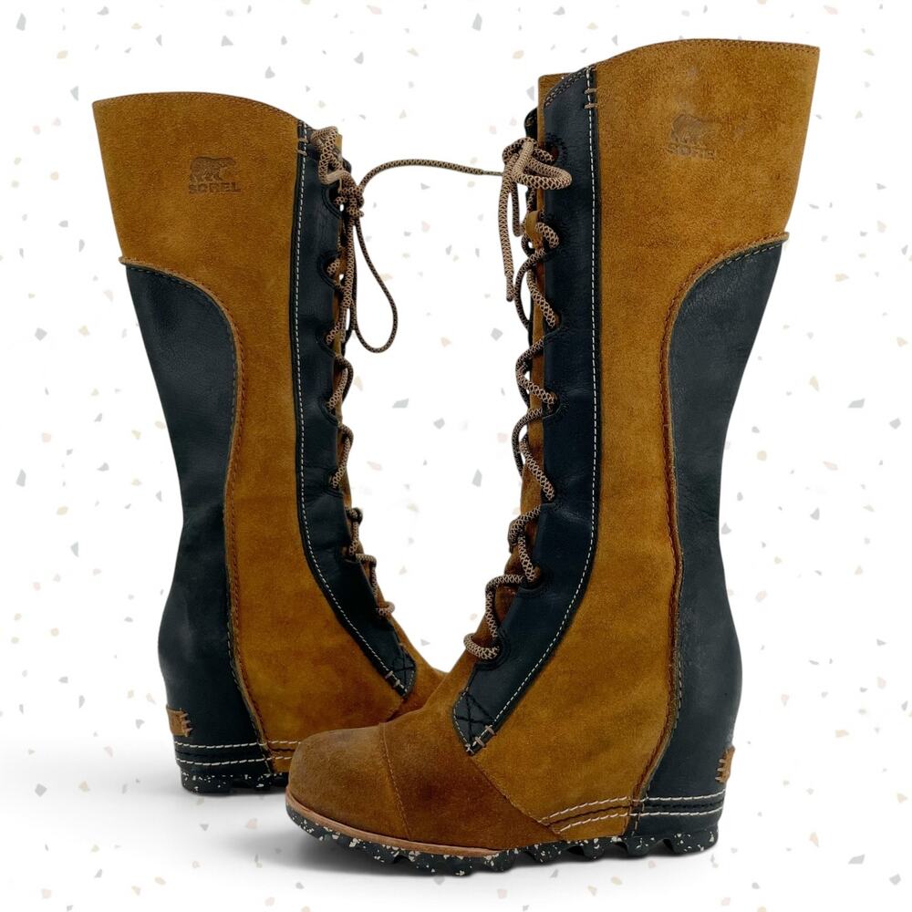 Sorel Cate the Great Boots Elk Black Tan Knee High Lace Up Fall Suede Size 6.5